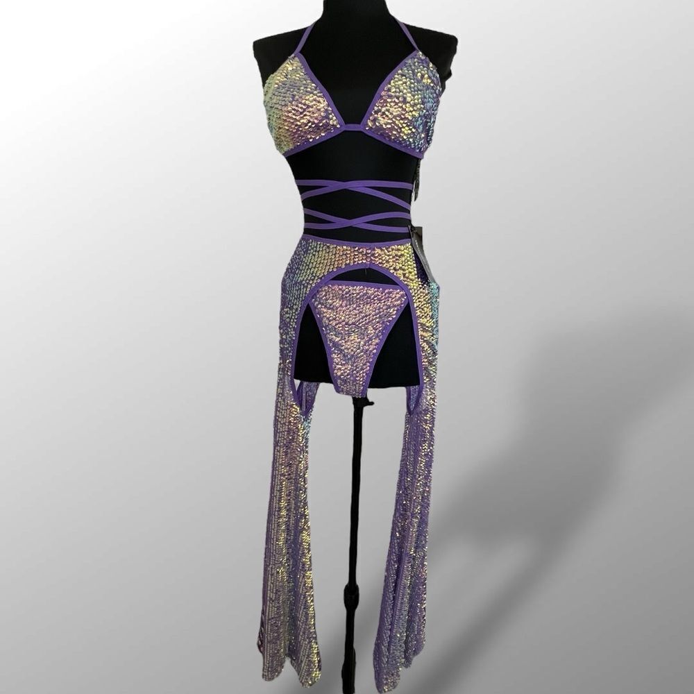 Club Exx x Dolls Kill sequin purple diva reef bikini with mega flare chaps XXL - Picture 3 of 12